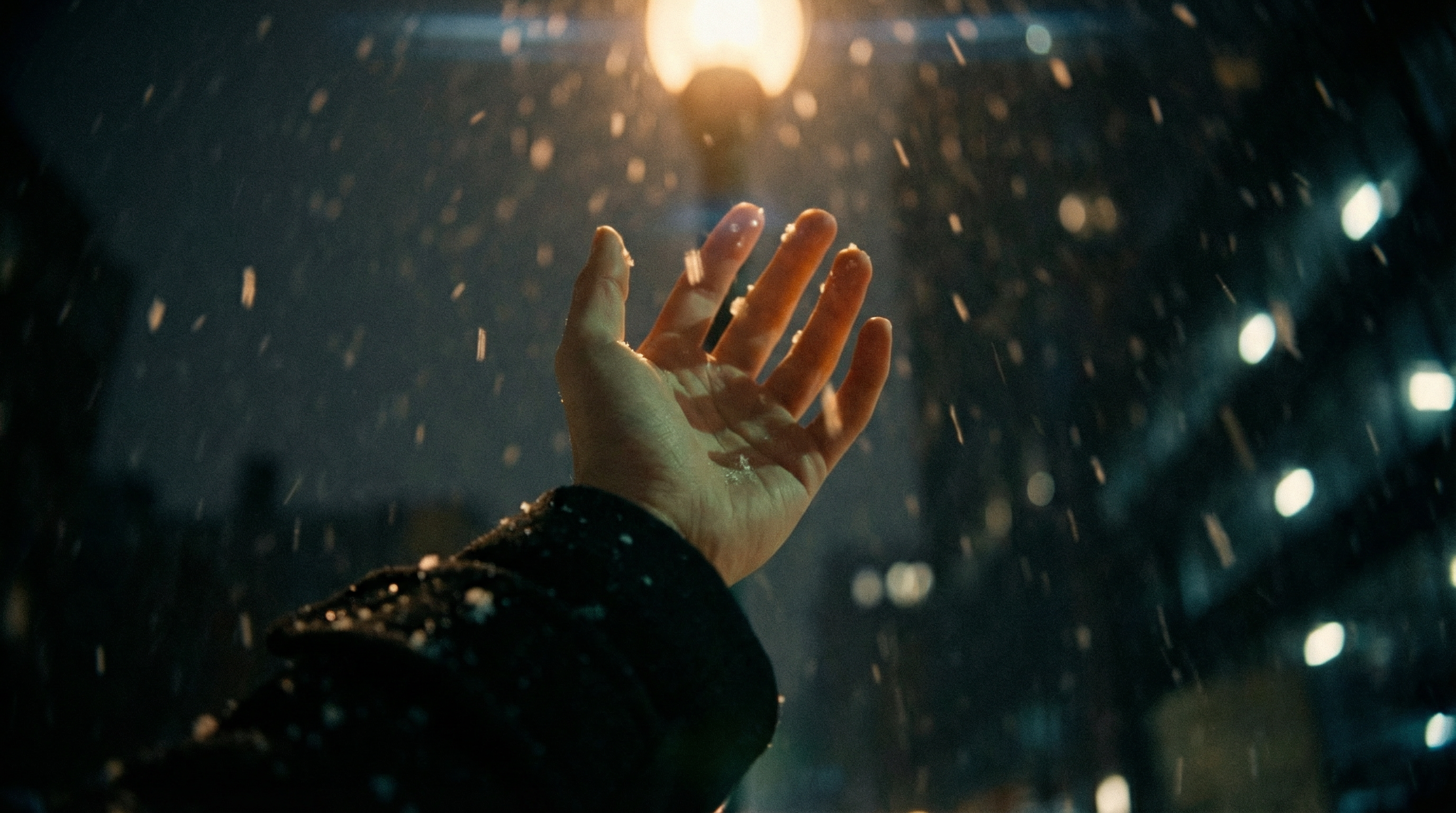 Cinematic still — a hand reaching into falling snow lit by a streetlamp