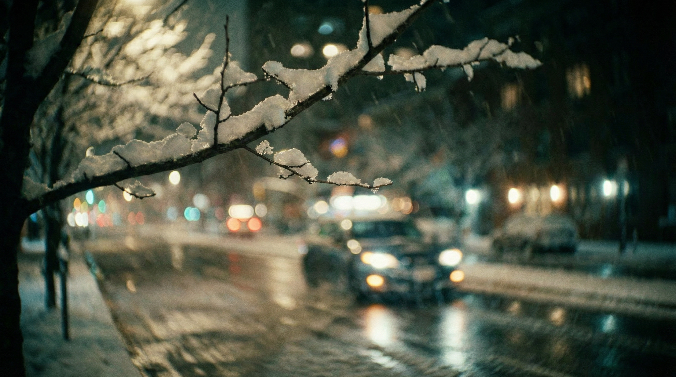 Cinematic AI still of a snowy street at night